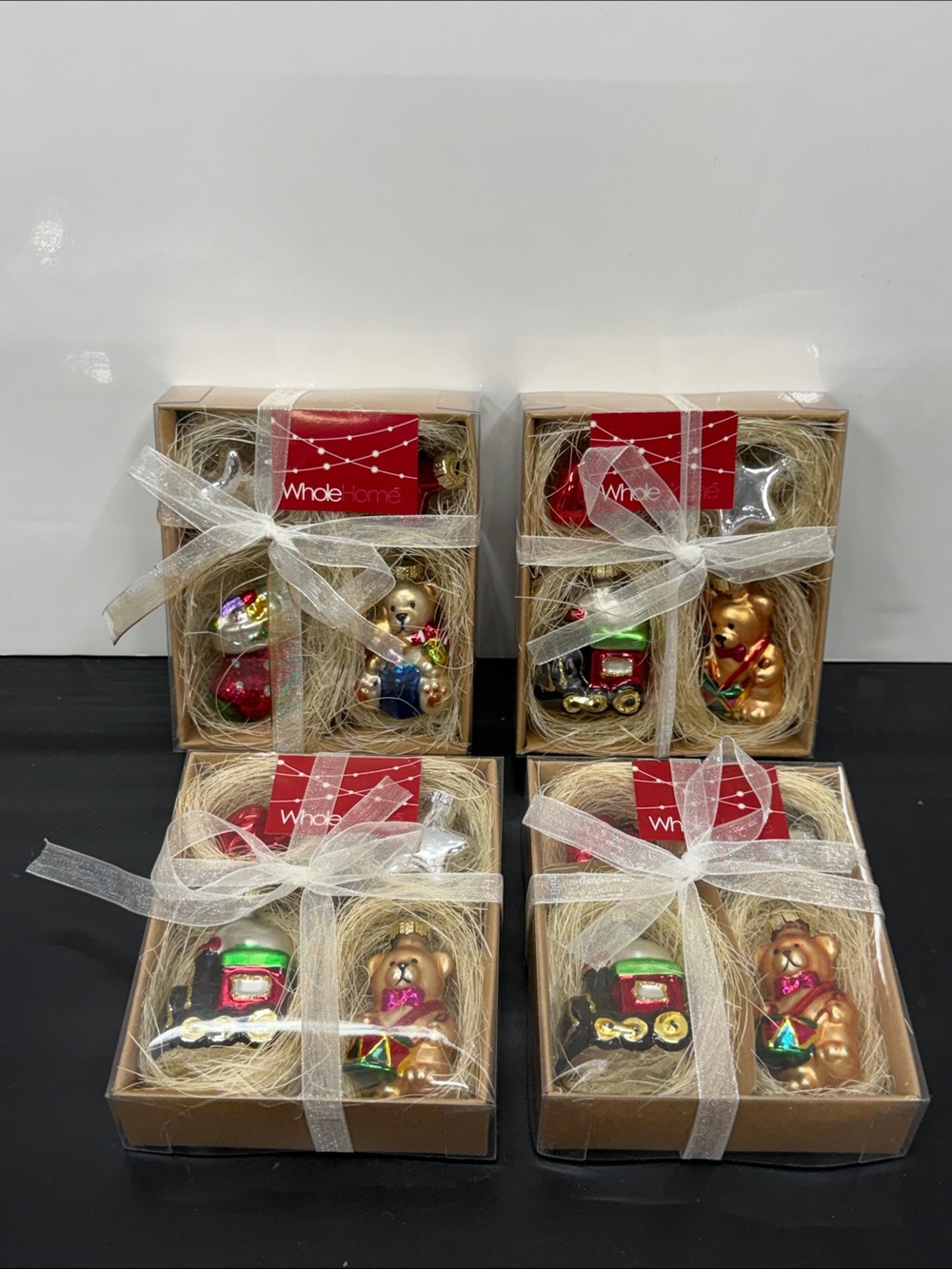 NOS Gold Bear & Train Holiday Ornament Set - Red & Green Accents
